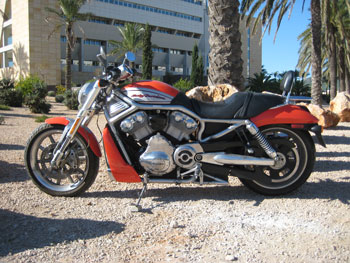 Street Rod Motorrad von Harley Davidson vor dem Ibiza Gran Hotel